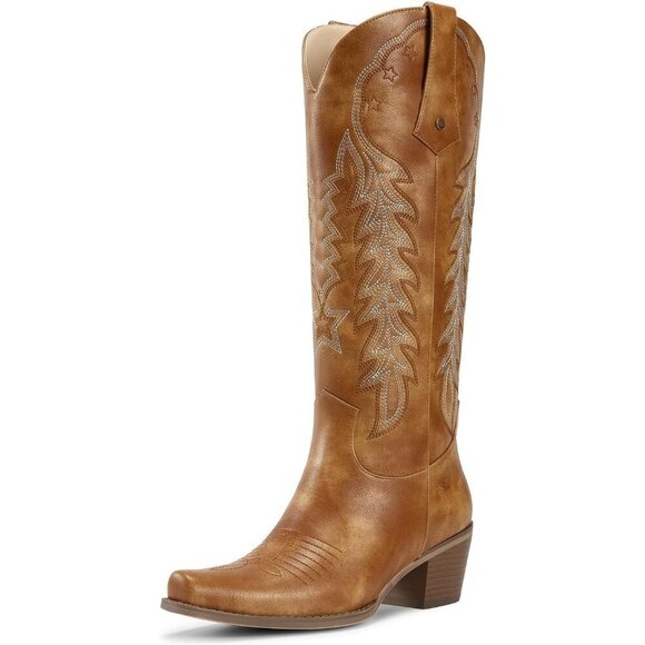 Shoes - Women's Brown Knee High Cowgirl Boots Retro Embroidered Chunky Heels Pointed Toe